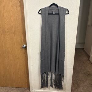 Kate & Mallory Sleeveless Long Fringe Knit Duster Cardigan Women's L Gray